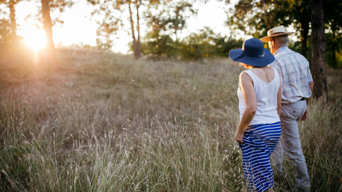 Older couple walking in summer field